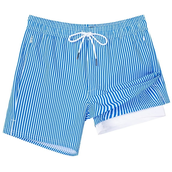 SURF CUZ Mens Swim Trunks with Compression Liner Mens Swimming Trunks 5 Inch Bathing Suit with Zipper Pockets Quick Dry Swim Shorts 01 Blue White Stripe X-Large