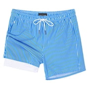 SURF CUZ Mens Swim Trunks with Compression Liner Mens Swimming Trunks 5 Inch Bathing Suit with Zipper Pockets Quick Dry Swim Shorts 01 Blue White Stripe XX-Large