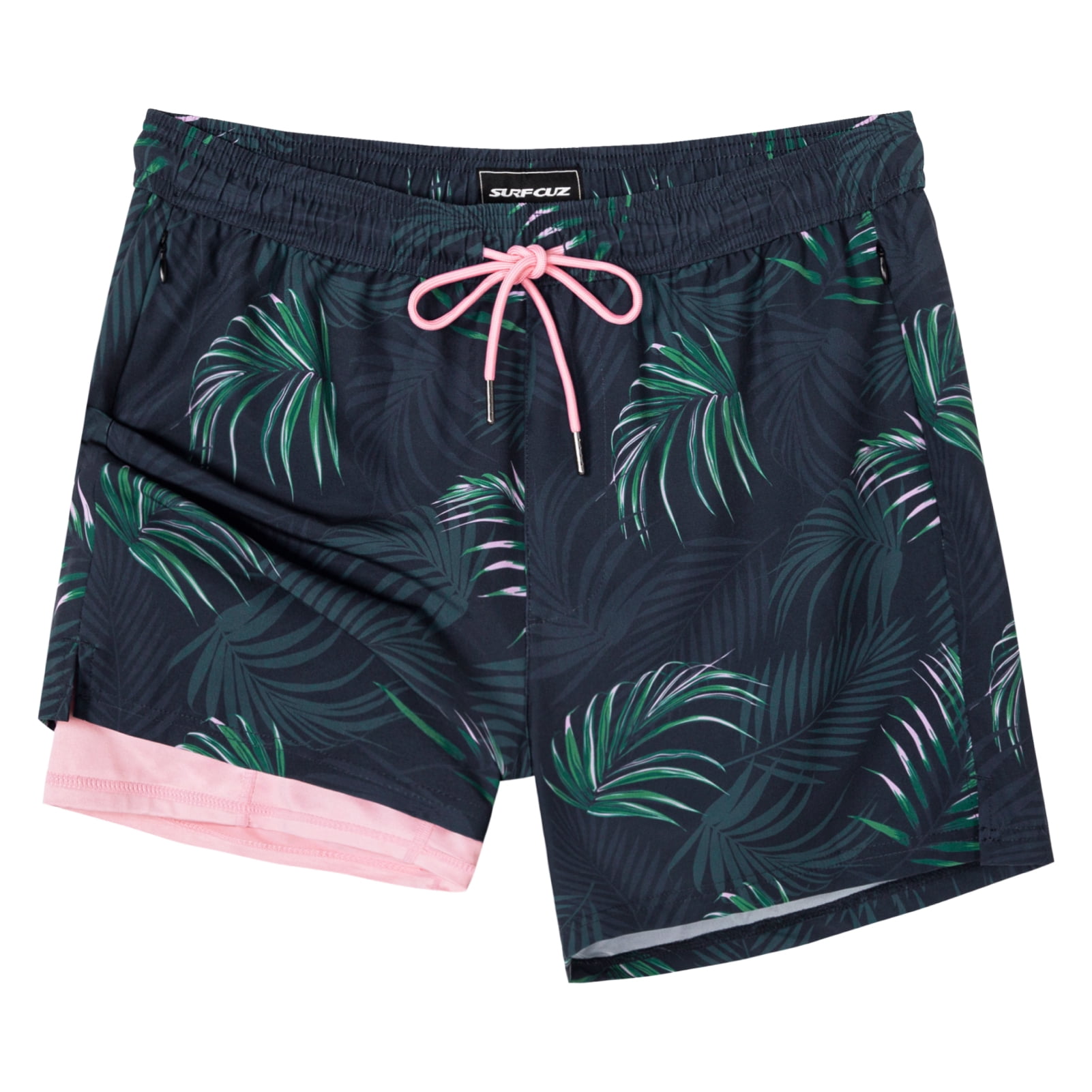 SURF CUZ Mens Swim Trunks with Compression Liner Mens Swimming Trunks 5 Inch Bathing Suit with Zipper Pockets Quick Dry Swim Shorts 02 Black Pink Tropical Large