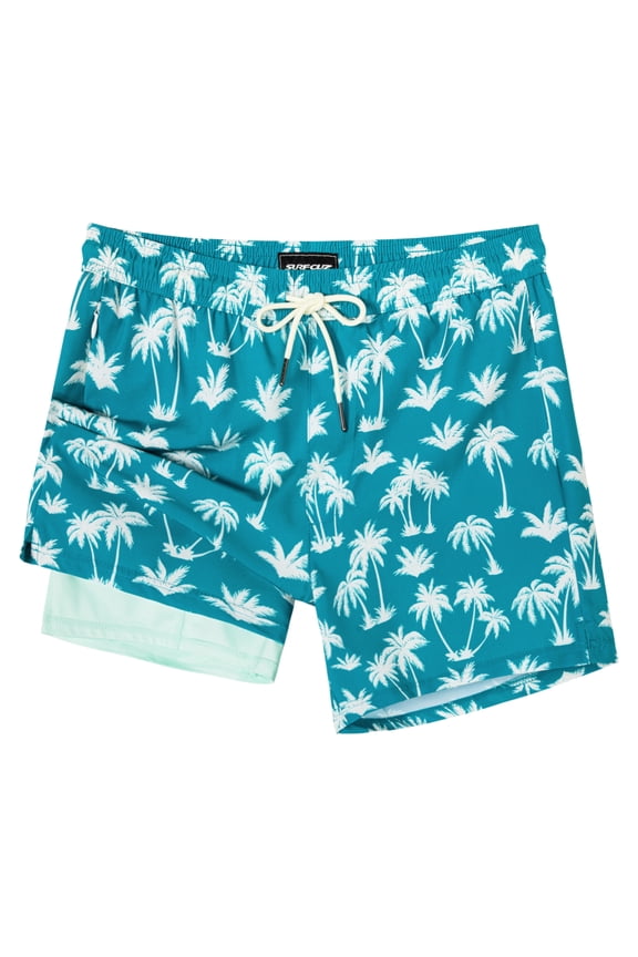 Mens Swim Trunks with Compression Liner Mens Swimming Trunks 5 Inch Bathing Suit with Zipper Pockets Quick Dry Swim Shorts 03 Turquoise Palm Tree X-Large