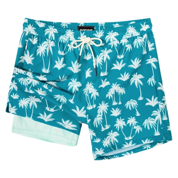 SURF CUZ Mens Swim Trunks with Compression Liner Mens Swimming Trunks 5 Inch Bathing Suit with Zipper Pockets Quick Dry Swim Shorts 03 Turquoise Palm Tree XX-Large
