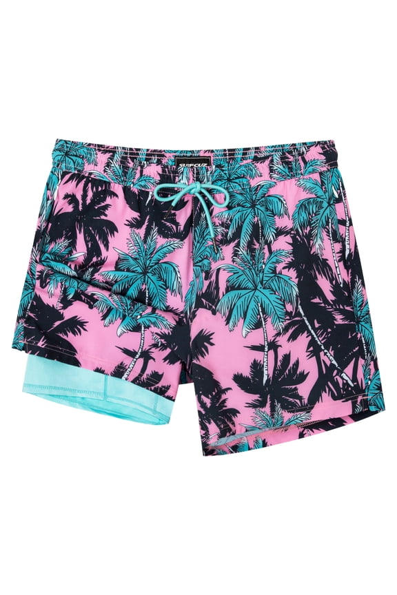 Mens Swim Trunks with Compression Liner Mens Swimming Trunks 5 Inch Bathing Suit with Zipper Pockets Quick Dry Swim Shorts 04 Pink Palm Tree Large