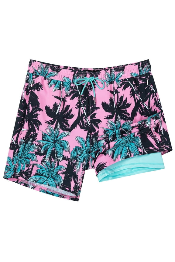 Mens Swim Trunks with Compression Liner Mens Swimming Trunks 5 Inch Bathing Suit with Zipper Pockets Quick Dry Swim Shorts 04 Pink Palm Tree Medium