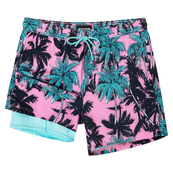 SURF CUZ Mens Swim Trunks with Compression Liner Mens Swimming Trunks 5 Inch Bathing Suit with Zipper Pockets Quick Dry Swim Shorts 04 Pink Palm Tree Small