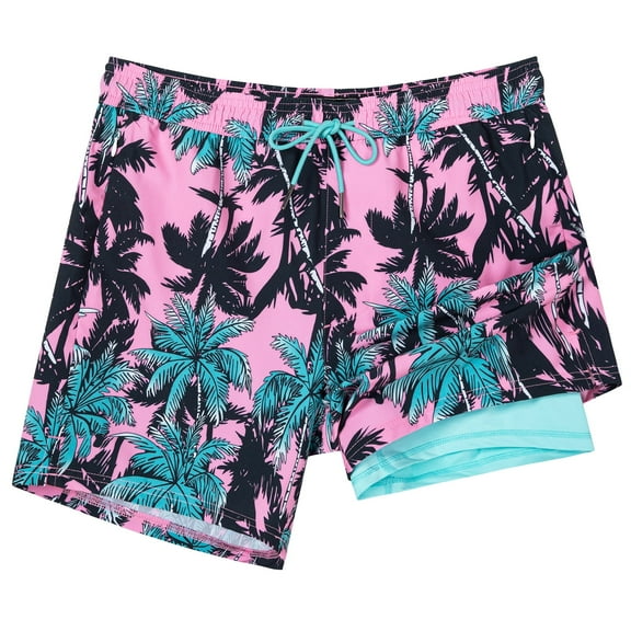 SURF CUZ Mens Swim Trunks with Compression Liner Mens Swimming Trunks 5 Inch Bathing Suit with Zipper Pockets Quick Dry Swim Shorts 04 Pink Palm Tree Small