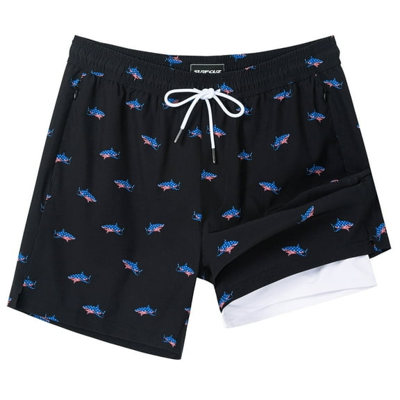 SURF CUZ Mens Swim Trunks with Compression Liner Mens Swimming Trunks 5 Inch Bathing Suit with Zipper Pockets Quick Dry Swim Shorts American Flag Shark XX-Large