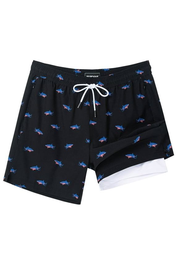 Mens Swim Trunks with Compression Liner Mens Swimming Trunks 5 Inch Bathing Suit with Zipper Pockets Quick Dry Swim Shorts American Flag Shark XX-Large