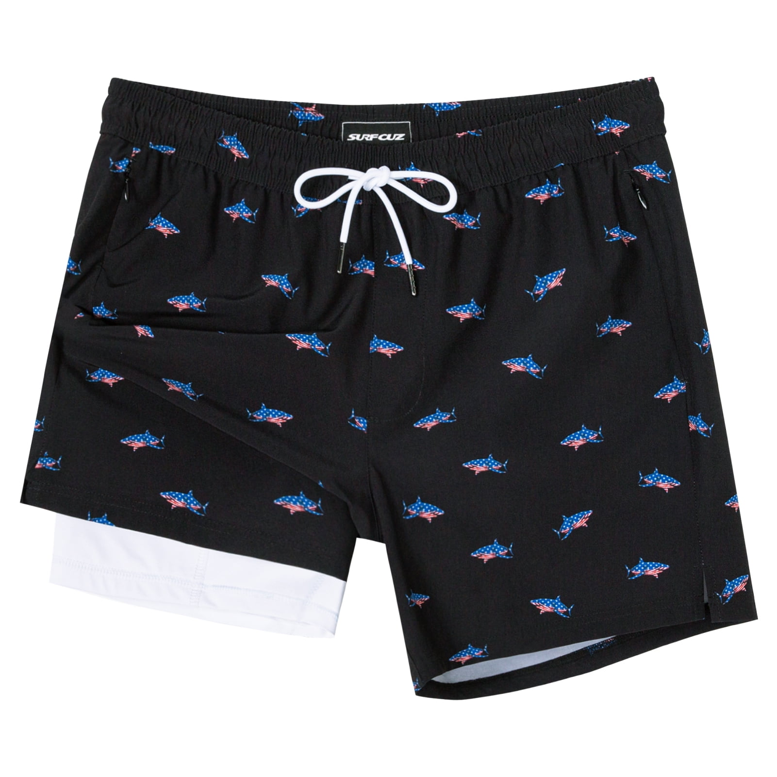 SURF CUZ Mens Swim Trunks with Compression Liner Mens Swimming Trunks 5 Inch Bathing Suit with Zipper Pockets Quick Dry Swim Shorts American Flag Shark XX-Large