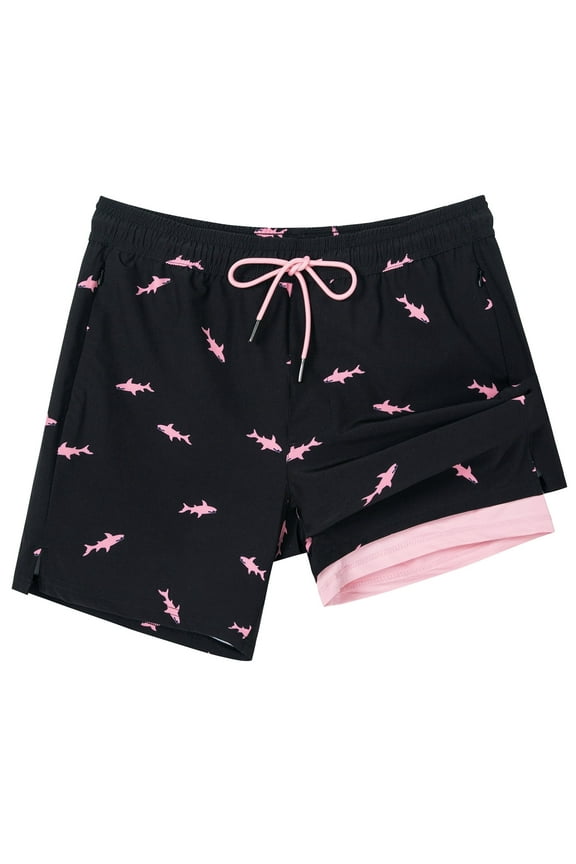 Mens Swim Trunks with Compression Liner Mens Swimming Trunks 5 Inch Bathing Suit with Zipper Pockets Quick Dry Swim Shorts Black Pink Shark Medium