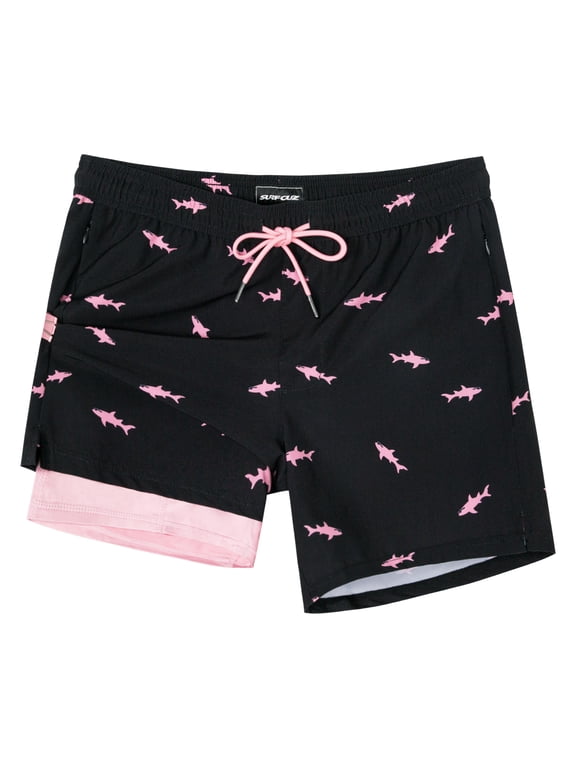 Mens Swim Trunks with Compression Liner Mens Swimming Trunks 5 Inch Bathing Suit with Zipper Pockets Quick Dry Swim Shorts Black Pink Shark Medium