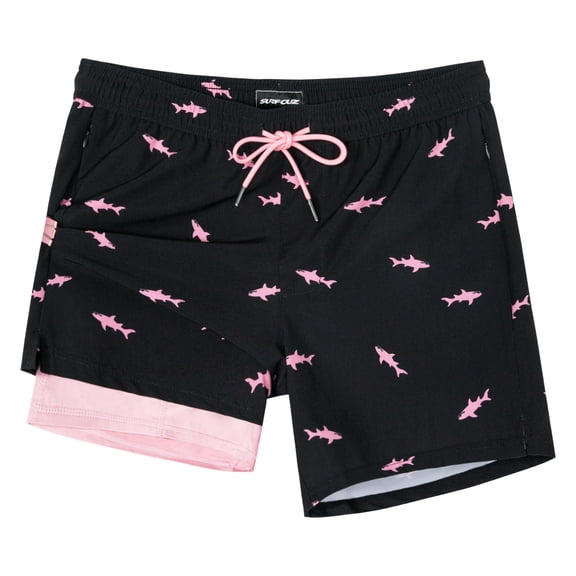 SURF CUZ Mens Swim Trunks with Compression Liner Mens Swimming Trunks 5 Inch Bathing Suit with Zipper Pockets Quick Dry Swim Shorts Black Pink Shark Small