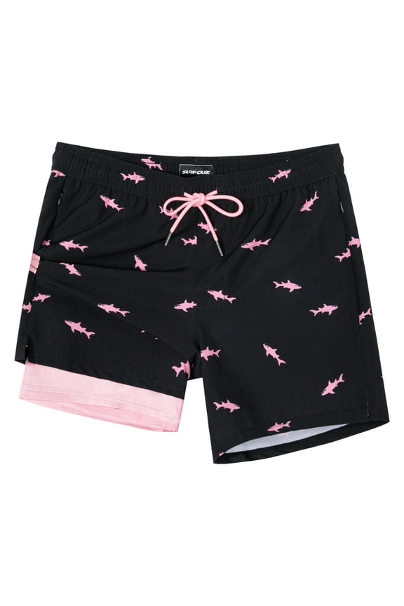 Mens Swim Trunks with Compression Liner Mens Swimming Trunks 5 Inch Bathing Suit with Zipper Pockets Quick Dry Swim Shorts Black Pink Shark Small