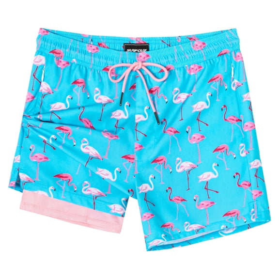 SURF CUZ Mens Swim Trunks with Compression Liner Mens Swimming Trunks 5 Inch Bathing Suit with Zipper Pockets Quick Dry Swim Shorts Blue Flamingo Large