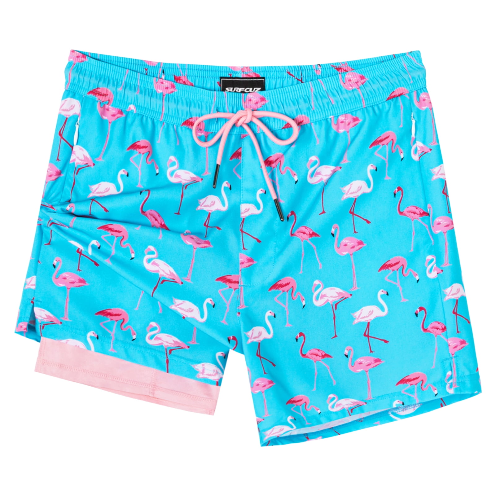 SURF CUZ Mens Swim Trunks with Compression Liner Mens Swimming Trunks 5 Inch Bathing Suit with Zipper Pockets Quick Dry Swim Shorts Blue Flamingo Medium