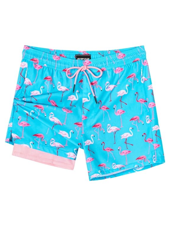 Mens Swim Trunks with Compression Liner Mens Swimming Trunks 5 Inch Bathing Suit with Zipper Pockets Quick Dry Swim Shorts Blue Flamingo Medium