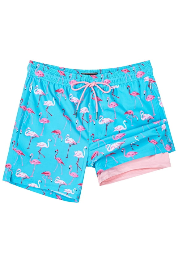 Mens Swim Trunks with Compression Liner Mens Swimming Trunks 5 Inch Bathing Suit with Zipper Pockets Quick Dry Swim Shorts Blue Flamingo Medium