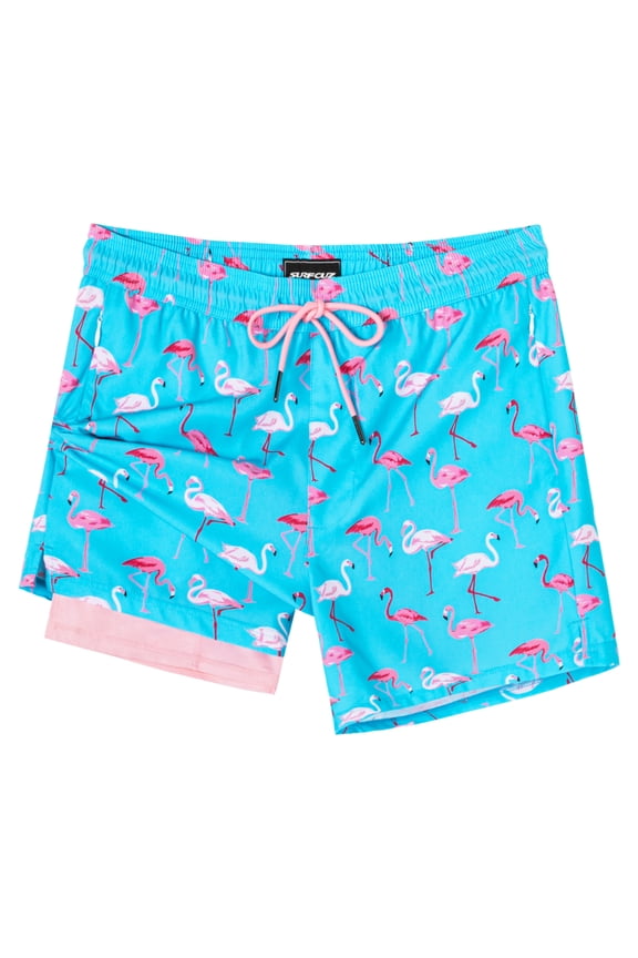 Mens Swim Trunks with Compression Liner Mens Swimming Trunks 5 Inch Bathing Suit with Zipper Pockets Quick Dry Swim Shorts Blue Flamingo XX-Large