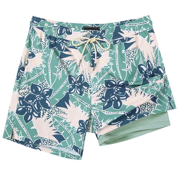 SURF CUZ Mens Swim Trunks with Compression Liner Mens Swimming Trunks 5 Inch Bathing Suit with Zipper Pockets Quick Dry Swim Shorts Green Tropical Forest Small