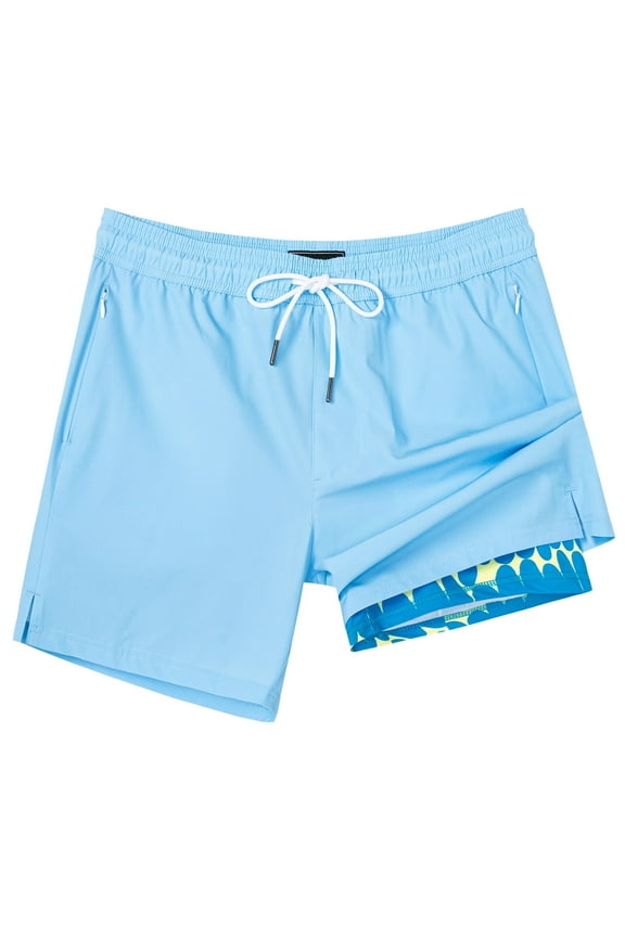 Mens Swim Trunks with Compression Liner Mens Swimming Trunks 5 Inch Bathing Suit with Zipper Pockets Quick Dry Swim Shorts Light Blue Print Medium