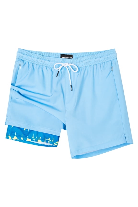 Mens Swim Trunks with Compression Liner Mens Swimming Trunks 5 Inch Bathing Suit with Zipper Pockets Quick Dry Swim Shorts Light Blue Print Small