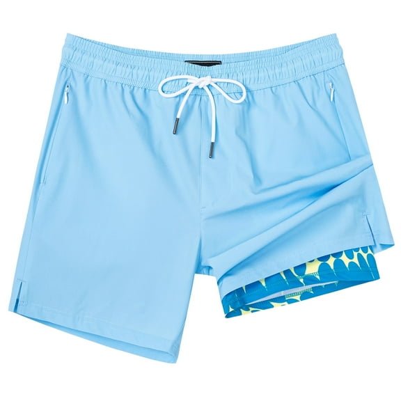 SURF CUZ Mens Swim Trunks with Compression Liner Mens Swimming Trunks 5 Inch Bathing Suit with Zipper Pockets Quick Dry Swim Shorts Light Blue Print Small