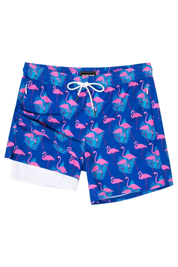 Mens Swim Trunks with Compression Liner Mens Swimming Trunks 5 Inch Bathing Suit with Zipper Pockets Quick Dry Swim Shorts Navy Flamingo Small