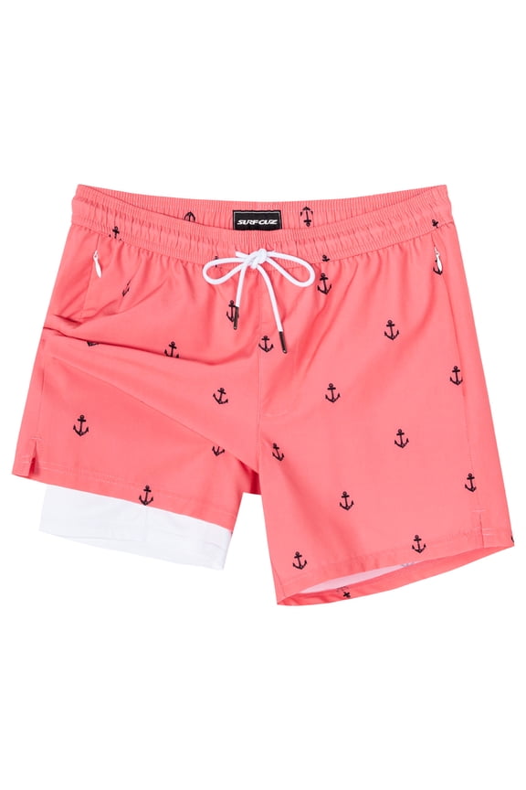 Mens Swim Trunks with Compression Liner Mens Swimming Trunks 5 Inch Bathing Suit with Zipper Pockets Quick Dry Swim Shorts Pink Anchor Medium