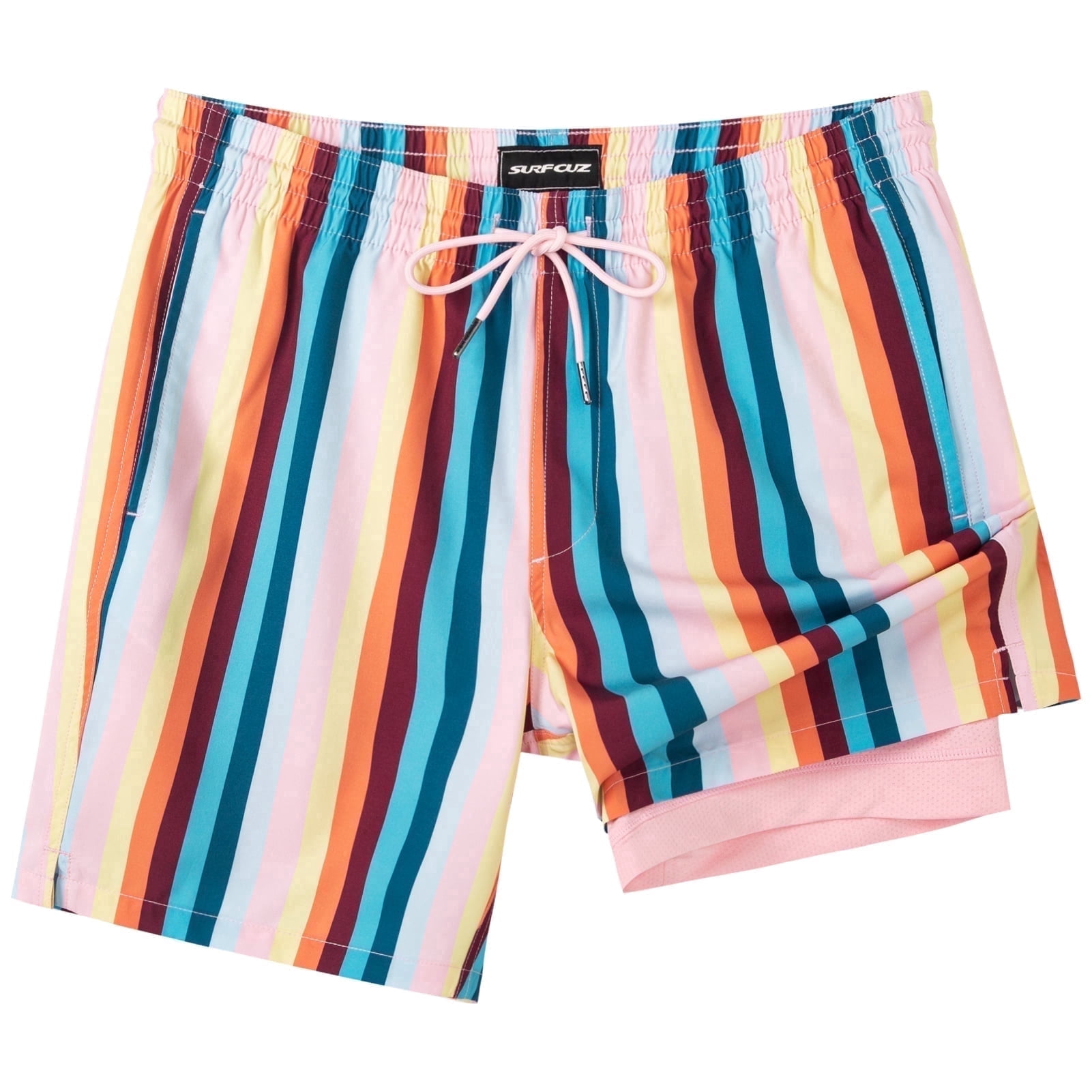 SURF CUZ Mens Swim Trunks with Compression Liner Quick Dry Swim Shorts 7" Swimming Trunks Stretch Bathing Suit Boardshorts Zipper Pockets Beige Vintage Stripes X-Large