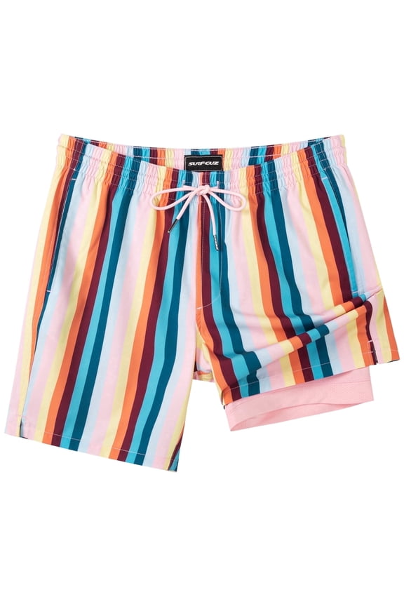 Mens Swim Trunks with Compression Liner Quick Dry Swim Shorts 7" Swimming Trunks Stretch Bathing Suit Boardshorts Zipper Pockets Beige Vintage Stripes Large