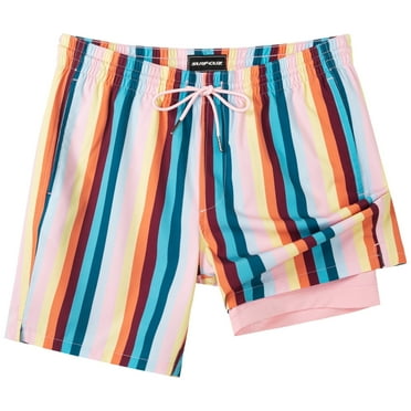 SURF CUZ Mens Swim Trunks with Compression Liner Quick Dry Swim Shorts 7" Swimming Trunks Stretch Bathing Suit Boardshorts Zipper Pockets Beige Vintage Stripes XX-Large