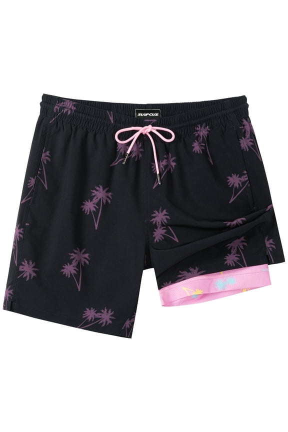 Mens Swim Trunks with Compression Liner Quick Dry Swim Shorts 7" Swimming Trunks Stretch Bathing Suit Boardshorts Zipper Pockets Black Palm Tree Small
