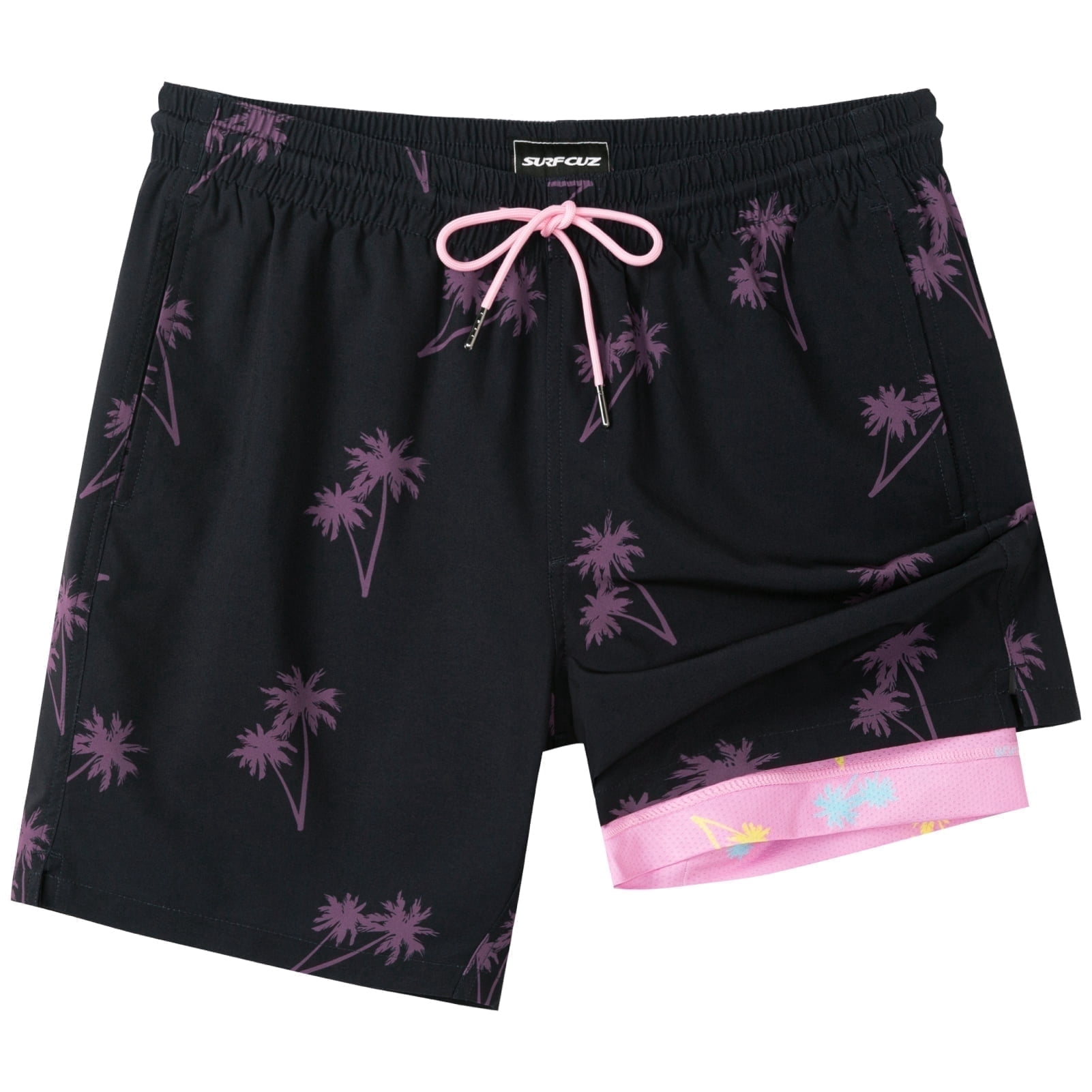 SURF CUZ Mens Swim Trunks with Compression Liner Quick Dry Swim Shorts 7" Swimming Trunks Stretch Bathing Suit Boardshorts Zipper Pockets Black Palm Tree XX-Large