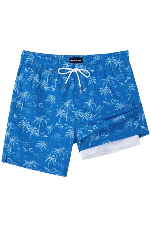 Mens Swim Trunks with Compression Liner Quick Dry Swim Shorts 7" Swimming Trunks Stretch Bathing Suit Boardshorts Zipper Pockets Blue Palm Island X-Large