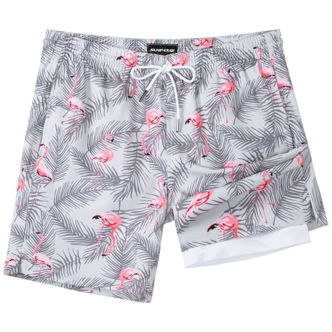 Mens Swim Trunks with Compression Liner Quick Dry Swim Shorts 7" Swimming Trunks Stretch Bathing Suit Boardshorts Zipper Pockets Grey Flamingo Large