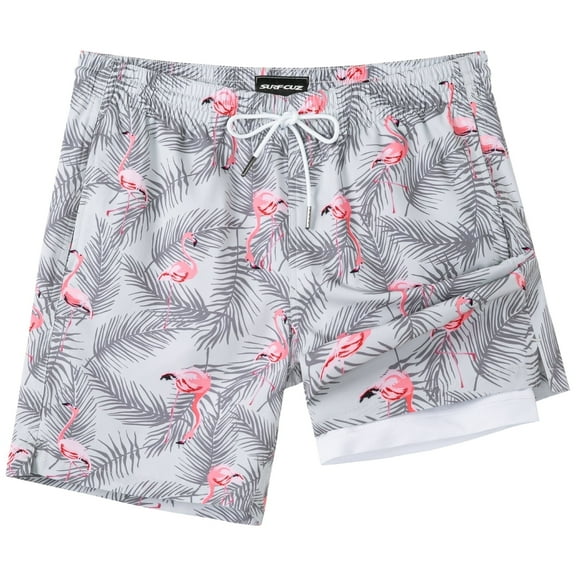 SURF CUZ Mens Swim Trunks with Compression Liner Quick Dry Swim Shorts 7" Swimming Trunks Stretch Bathing Suit Boardshorts Zipper Pockets Grey Flamingo Large