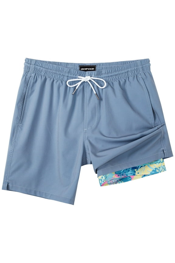 Mens Swim Trunks with Compression Liner Quick Dry Swim Shorts 7" Swimming Trunks Stretch Bathing Suit Boardshorts Zipper Pockets Haze Blue Large