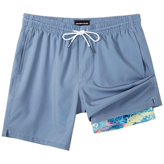 SURF CUZ Mens Swim Trunks with Compression Liner Quick Dry Swim Shorts 7" Swimming Trunks Stretch Bathing Suit Boardshorts Zipper Pockets Haze Blue Large