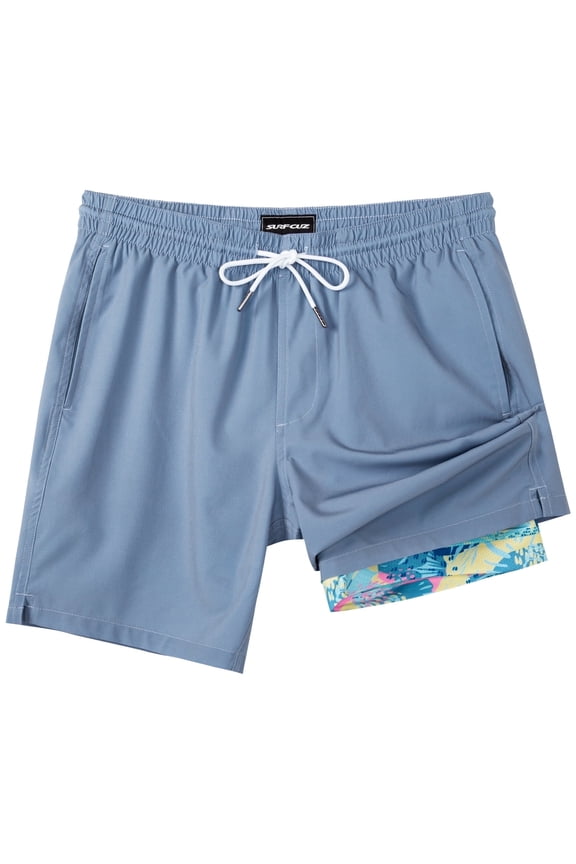 Mens Swim Trunks with Compression Liner Quick Dry Swim Shorts 7" Swimming Trunks Stretch Bathing Suit Boardshorts Zipper Pockets Haze Blue Small