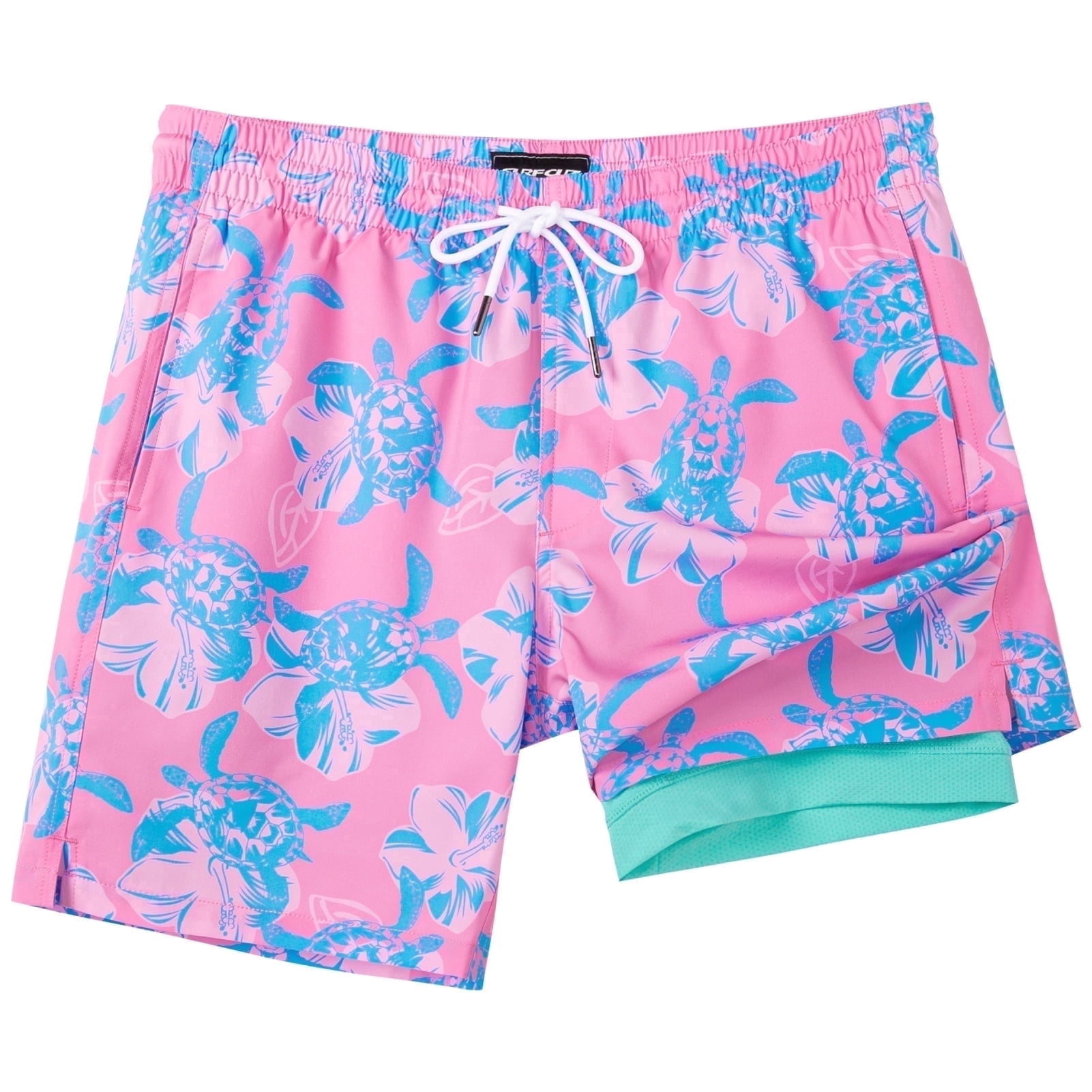 SURF CUZ Mens Swim Trunks with Compression Liner Quick Dry Swim Shorts 7" Swimming Trunks Stretch Bathing Suit Boardshorts Zipper Pockets Pink Blue Turtles Large