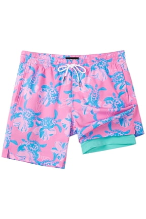 Mens Swim Trunks with Compression Liner Quick Dry Swim Shorts 7" Swimming Trunks Stretch Bathing Suit Boardshorts Zipper Pockets Pink Blue Turtles Large