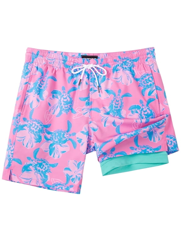 Mens Swim Trunks with Compression Liner Quick Dry Swim Shorts 7" Swimming Trunks Stretch Bathing Suit Boardshorts Zipper Pockets Pink Blue Turtles Medium
