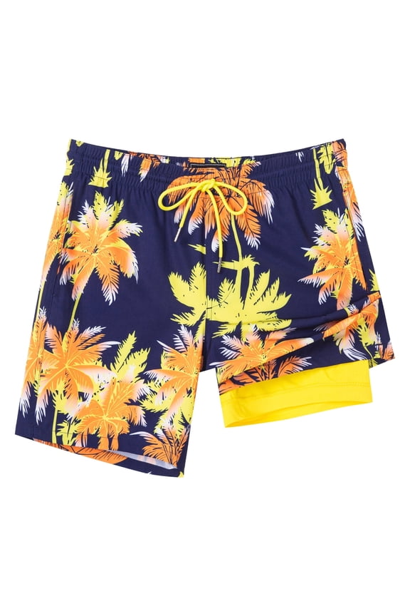Mens Swim Trunks with Compression Liner Quick Dry Swim Shorts 7" Swimming Trunks Stretch Zipper Pockets