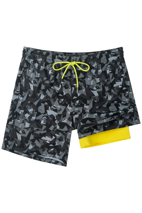 Mens Swim Trunks with Compression Liner Quick Dry Swim Shorts 7" Swimming Trunks Stretch Zipper Pockets