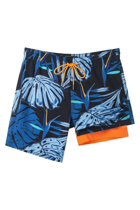 Mens Swim Trunks with Compression Liner Quick Dry Swim Shorts 7" Swimming Trunks Stretch Zipper Pockets