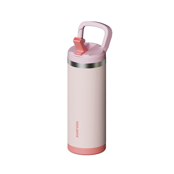 SURFVEN 18 oz Stainless Steel Double Wall Insulated Water Bottle with Flip-up Straw Lid, Pink