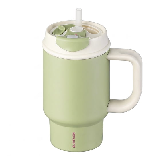 SURFVEN 24oz Double Wall Stainless Steel Insulated Tumbler with Handle and 2-in-1 Straw Lid, Avocado Green
