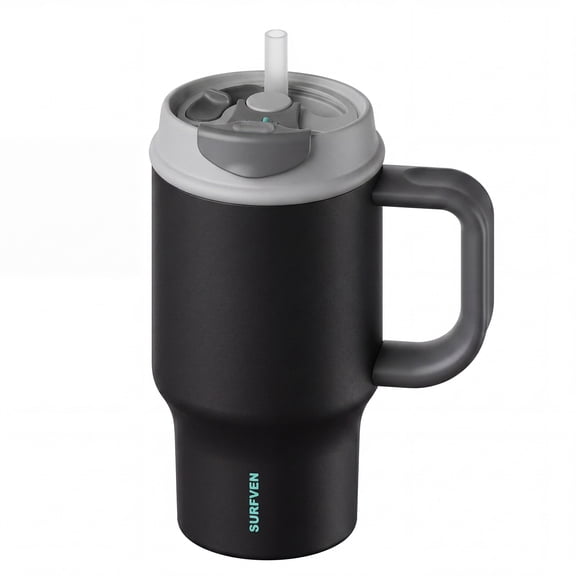 SURFVEN 30oz Double Wall Stainless Steel Insulated Tumbler with Handle and 2-in-1 Lid, Black