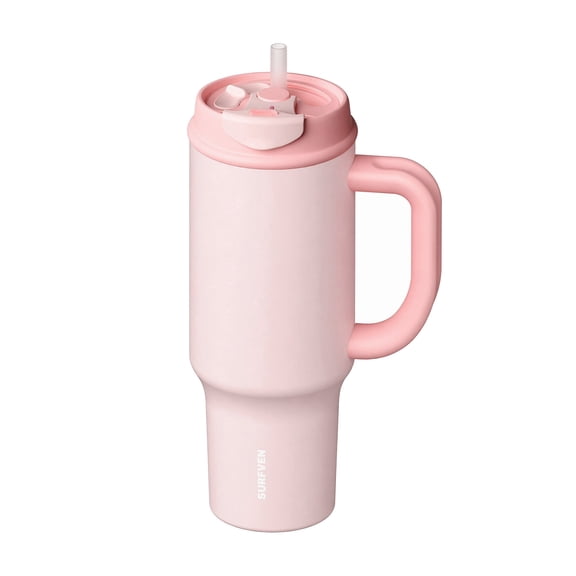SURFVEN 40 oz Insulated Stainless Steel Tumbler with Handle, Leakproof 2-in-1 Straw Lid, Pink