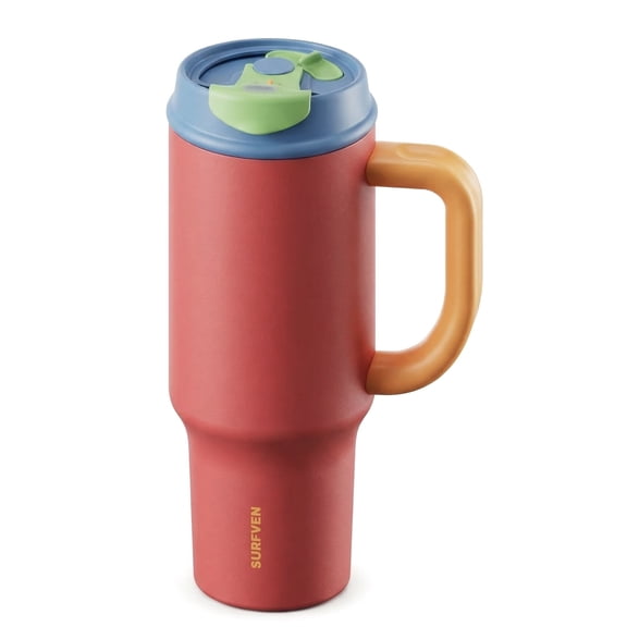 SURFVEN 40oz Double Wall Stainless Steel Insulated Tumbler with Handle and 2-in-1 Straw Lid, Raspberry Pink