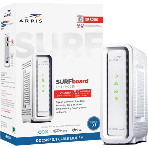 SURFboard SB8200 DOCSIS 3.1 MultiGig Cable Modem | 2 -1Gbps Ethernet Ports | Works with Xfinity, Cox, Spectrum | For Cable Internet Plans up to 2Gbps | Modem Only, Router Required